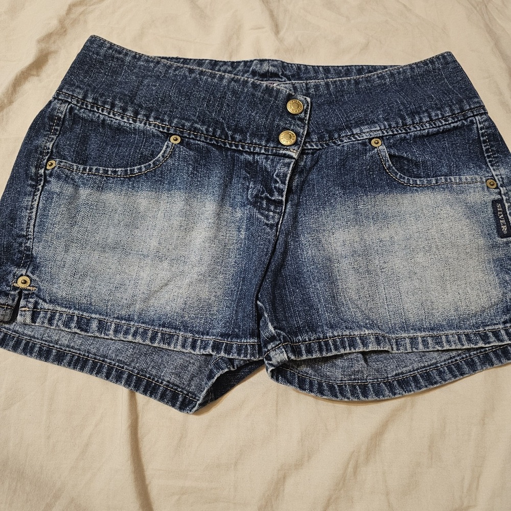 Y2K Silver Jeans Mid Short W28 Distressed Thick Stitch Unique Denim